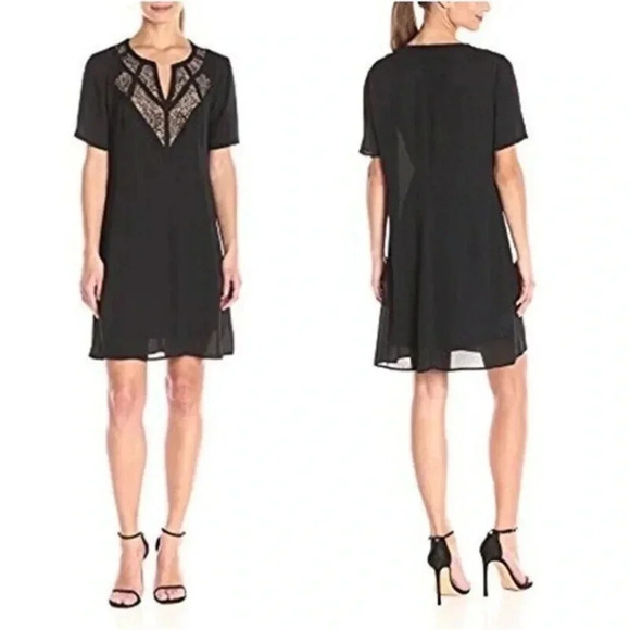 BCBGMAXAZRIA EOS Dress Size XSS Woven with Lace Yoke Fray Short Sleeve Black - Picture 1 of 6